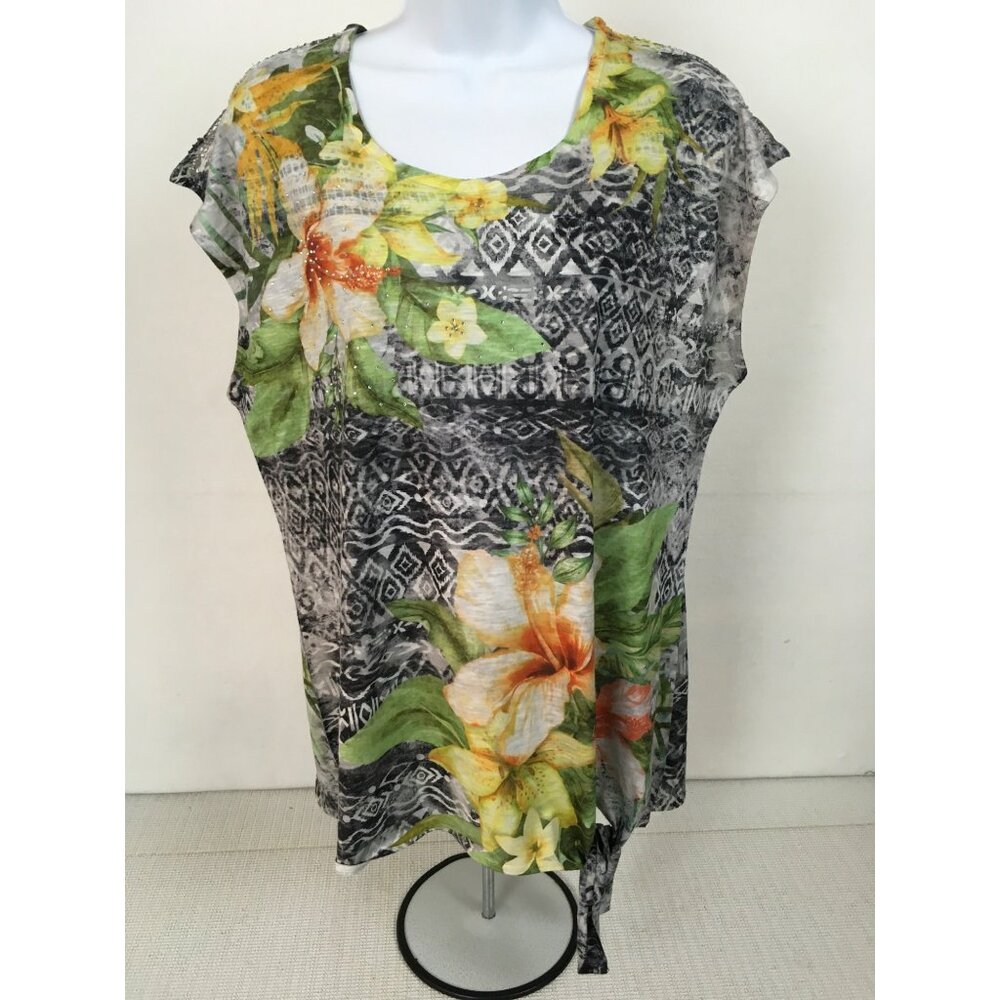 No Boundaries Womens Top Size L Green Yellow Black Floral Sequins Sleeveless - Picture 6 of 12